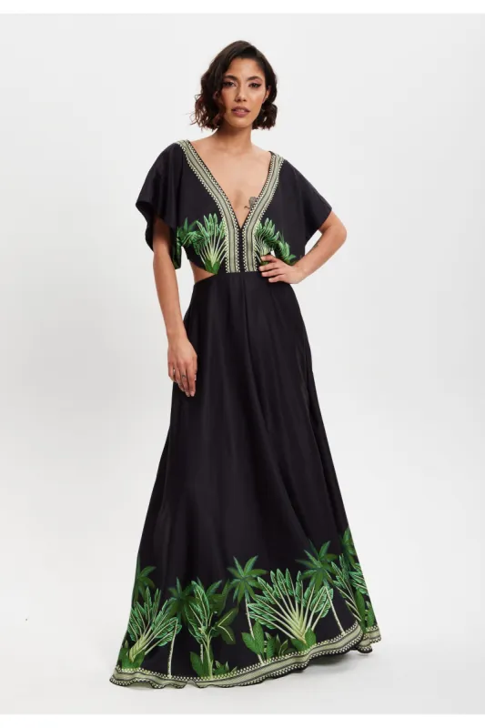 Leaf Printed V Neck Back Detail A Line Maxi Dress by Liquorish sold by Goddiva