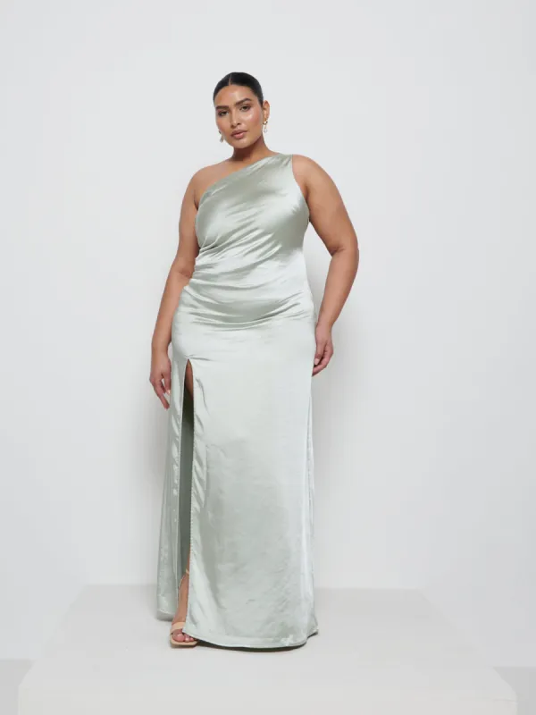 Amelia Ruched Maxi Bridesmaid Dress Curve - Sage sold by Pretty Lavish