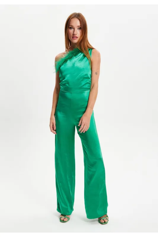 One Shoulder Ostrich Feather Detail Jumpsuit by Liquorish sold by Goddiva