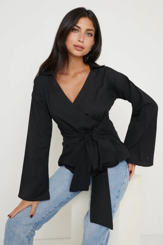 Louis Linen Wrap Blouse - Black sold by Pretty Lavish