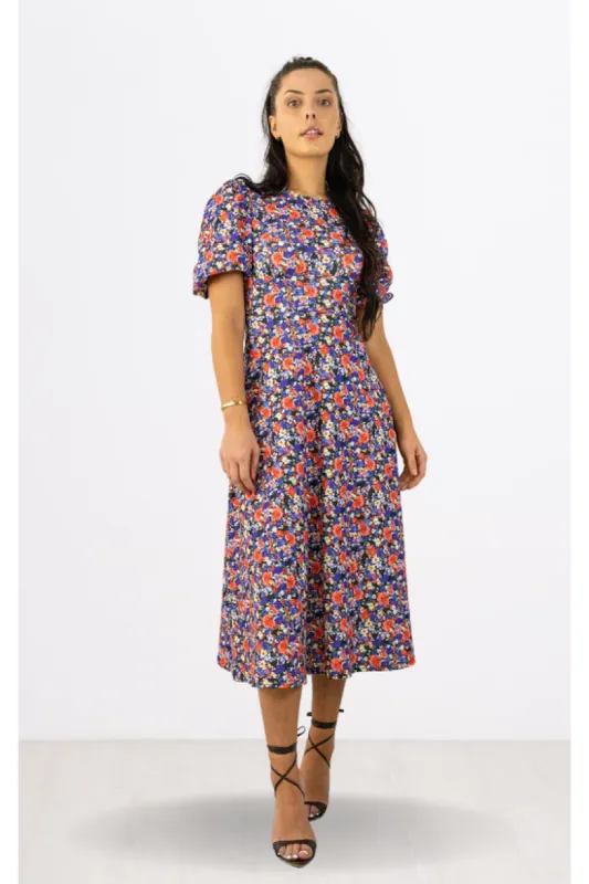 Signage Blue Floral Print Round Neck Puff Sleeve Midi Dress sold by Goddiva