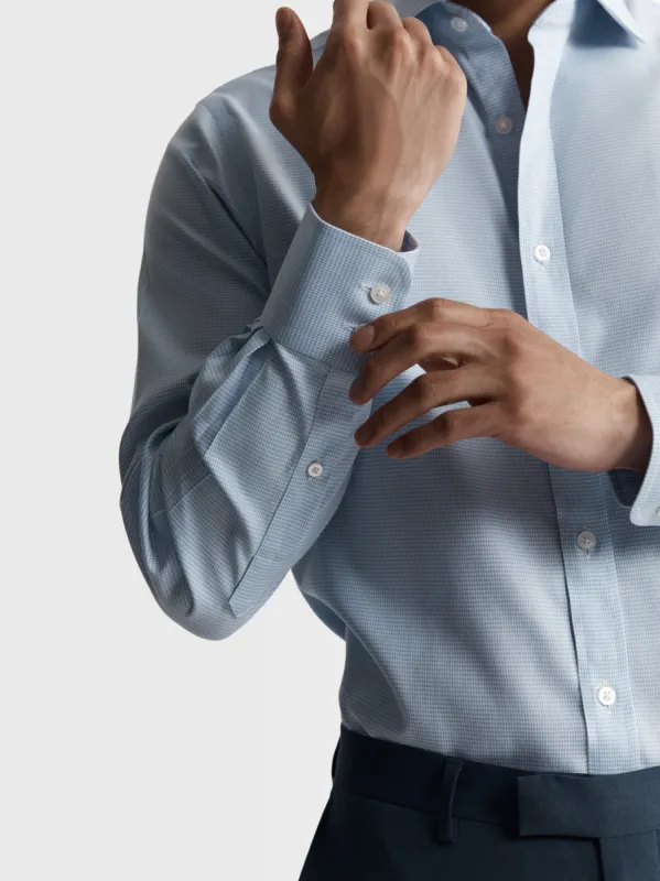 Non-Iron Light Blue Mini Dogtooth Plain Weave Fitted Single Cuff Semi Cutaway Collar Shirt sold by T.M.Lewin