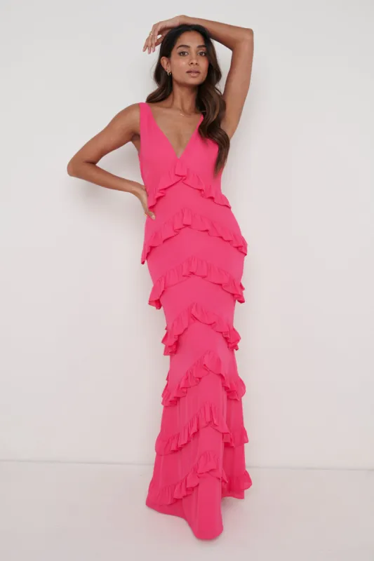 Piper Ruffle Maxi Dress - Fuchsia sold by Pretty Lavish