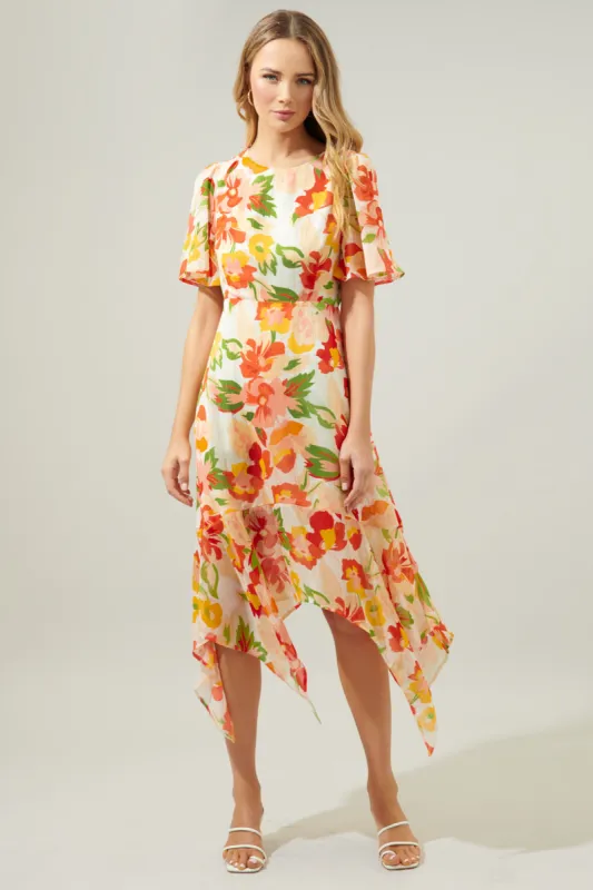 Kailua Floral Aerin Asymmetrical Flutter Midi Dress sold by Sugarlips