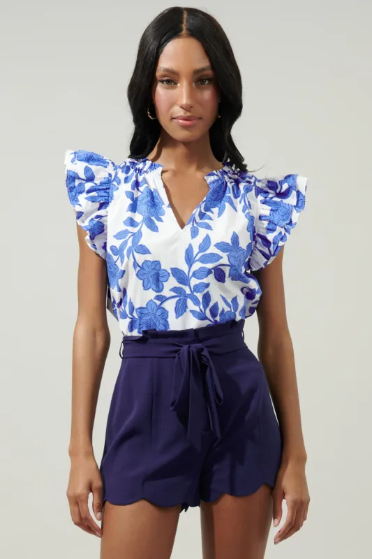 Glantis Floral Risette Ruffle Cap Sleeve Split Neck Top sold by Sugarlips