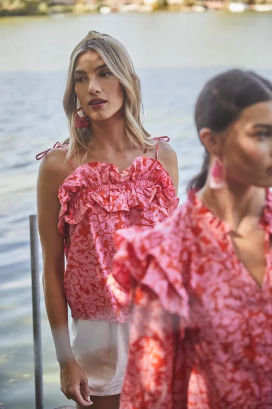 Vienna Floral Harlett Ruffle Tie Strap Tank sold by Sugarlips