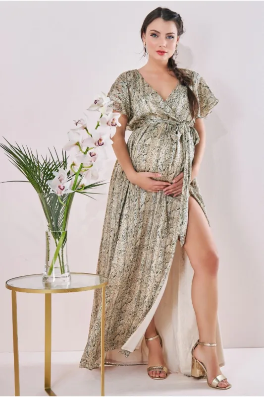 Maternity Wrap Printed Chiffon Maxi Snake Print by Goddiva sold by Goddiva