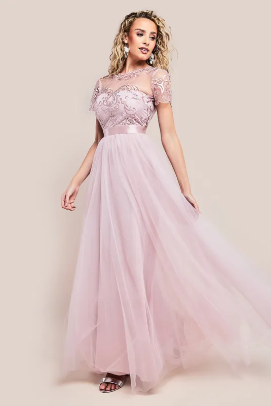 Embroidered Mesh Maxi Dress - Blush by Goddiva sold by Goddiva