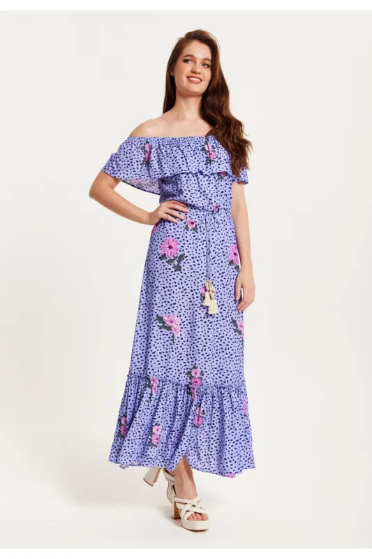 Liquorish Animal Floral Print Off Shoulder Maxi Dress Purple sold by Goddiva