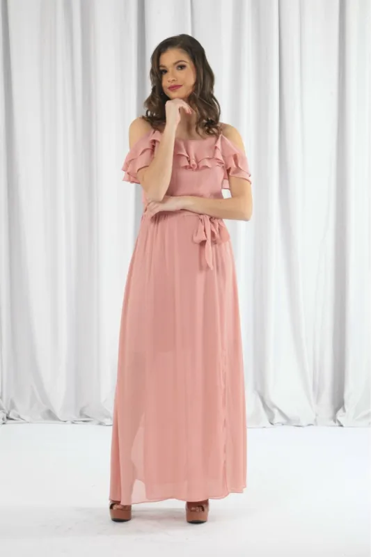 Pink Double Frill Off Shoulder Wrap Maxi Dress by Double Second sold by Goddiva