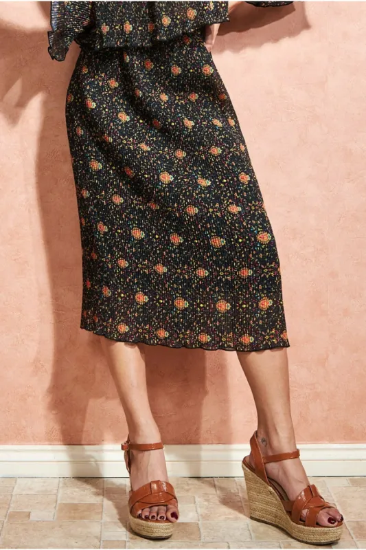 Printed Shirred Midi Skirt - Black by City Goddess sold by Goddiva