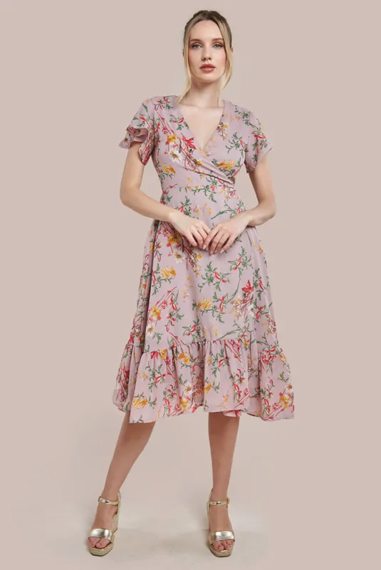 Wrap Flutter Sleeve Floral Midi Dress - Beige by City Goddess sold by Goddiva