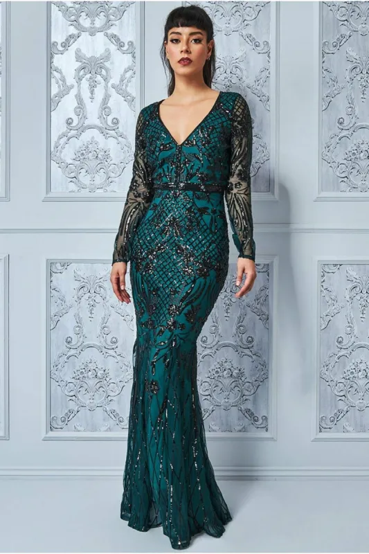 Goddiva Full Sleeve Sequin Evening Dress - Emerald Green sold by Goddiva