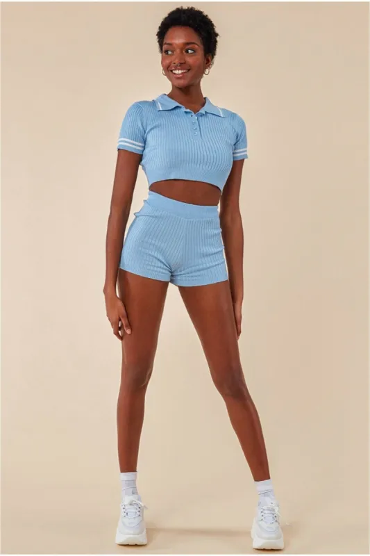 Crop Top & Short Loungewear Set - Blue by Cosmochic sold by Goddiva