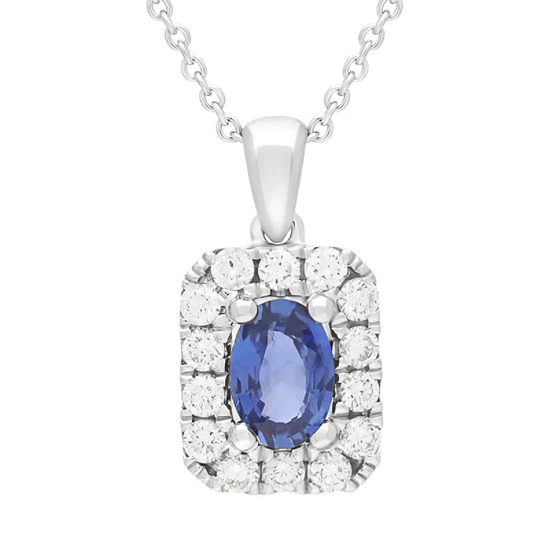 18ct White Gold Sapphire Diamond Oval Cut Octagon Shape Cluster Pendant sold by C.W. Sellors