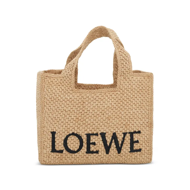 Small Logo Font Tote Bag in Raffia and Calfskin in Natural sold by MARAIS