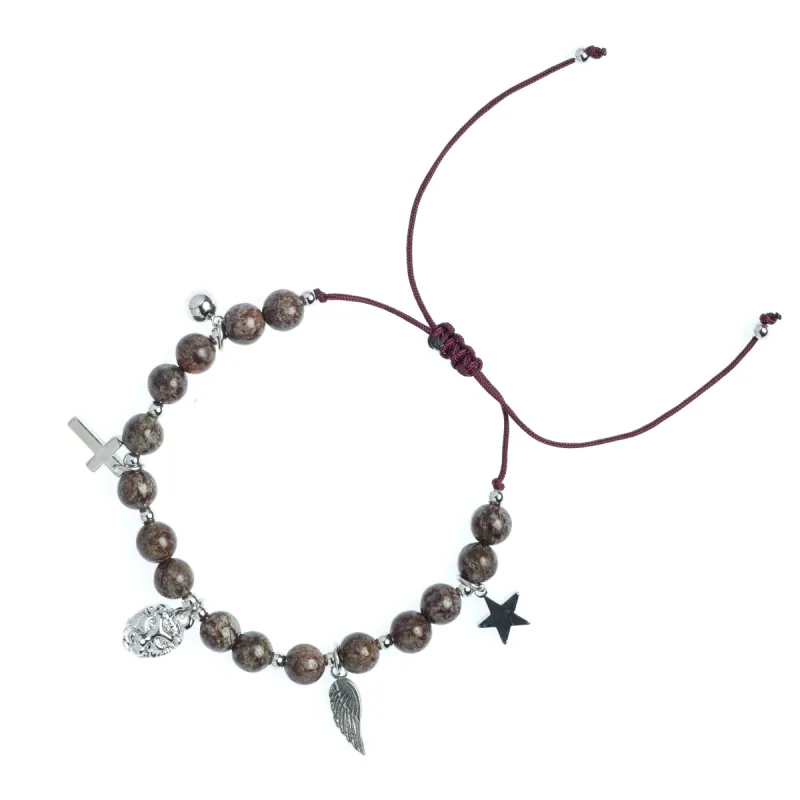 STONE BEAD BRACELET 6 MM W/CHARMS - CHOCOLATE BROWN W/SILVER sold by DARK Department