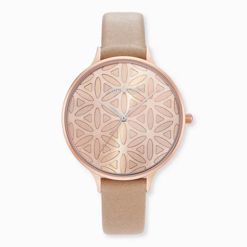 Uhr Edelstahl Lebensblume Rosegold mit Nubuk Lederband Hellbraun sold by Engelsrufer