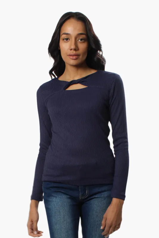 Magazine Ribbed Front Twist Long Sleeve Top - Navy sold by Fairweather