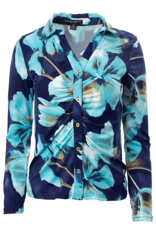 Floral Cinched Front Button Down Shirt - Navy sold by Fairweather
