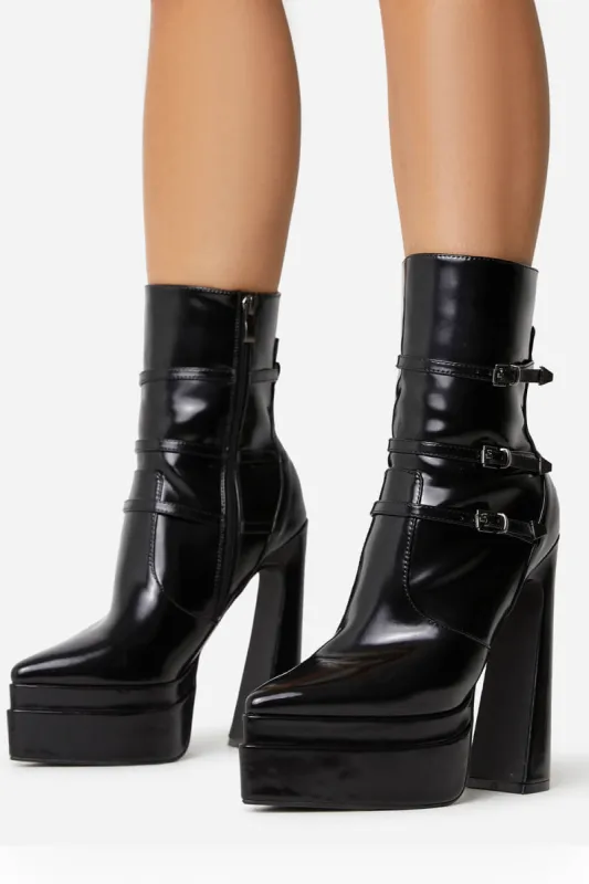 Black Patent Double Platform Pointy Ankle Boots With Triple Ankle Straps Detailing sold by Floralkini