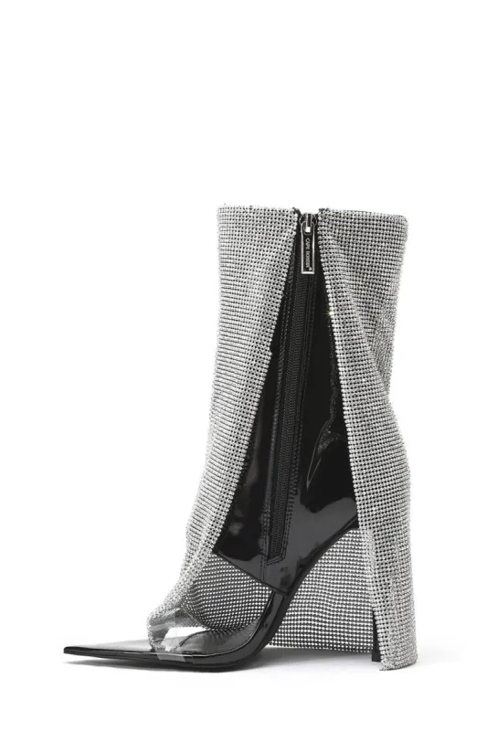 Rhinestone Mesh Overlay Open Pointed Toe Pvc Stiletto Boots - Black sold by Floralkini