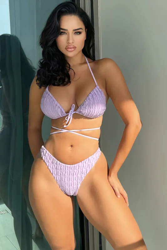 Lilac Textured Wrap Tie Front Bralette Halter High-Cut Bikini Set sold by Floralkini
