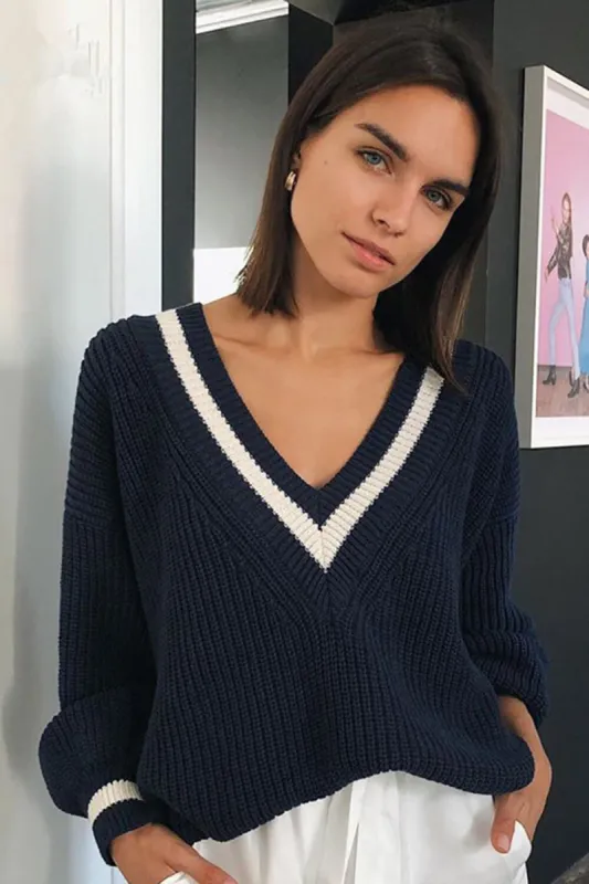 Ribbed Knit V-Neck Oversized Pullover Varsity Sweater - Navy & White sold by Floralkini