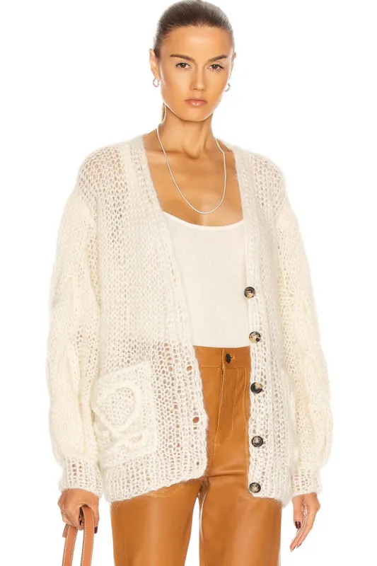 Mohair-Blend Balloon Sleeve Button Up Pouch-Pocket V Neck Cardigan sold by Floralkini