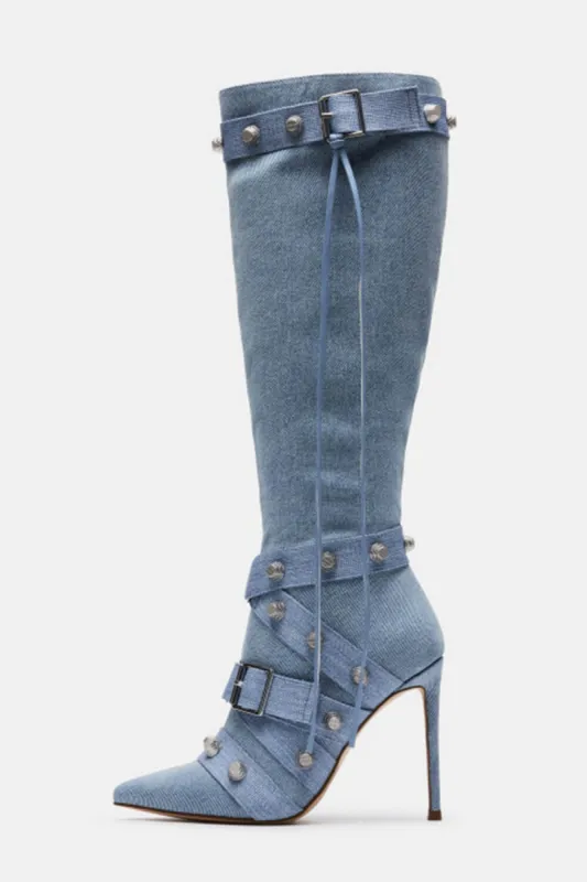 Pointed Toe Knee-High Stiletto Boots With Studs And Pin Buckle Strap Details - Denim sold by Floralkini