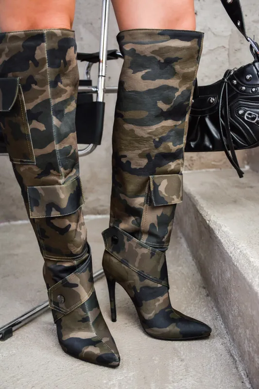 Multi Pocket Detail Pointed Toe Stiletto Heel Knee High Long Boot - Camo Print sold by Floralkini