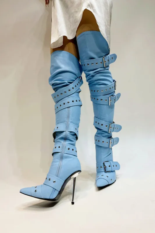 Multi Buckle Pointed Toe Thigh High Stiletto Heel Boots - Blue sold by Floralkini