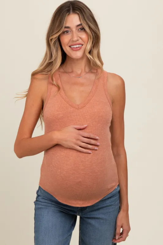 Mauve V-Neck Ribbed Maternity Tank Top sold by Pinkblush