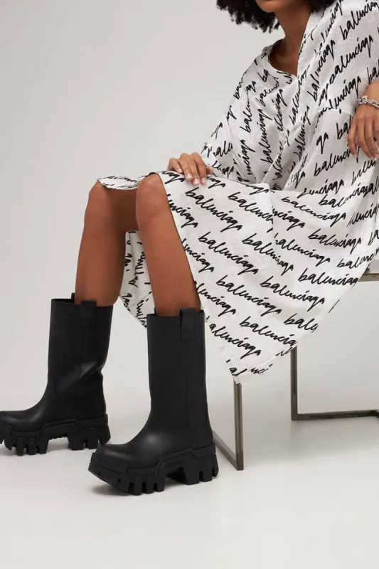 Leather Chunky Platform Mid-Calf Boots - Black sold by Floralkini
