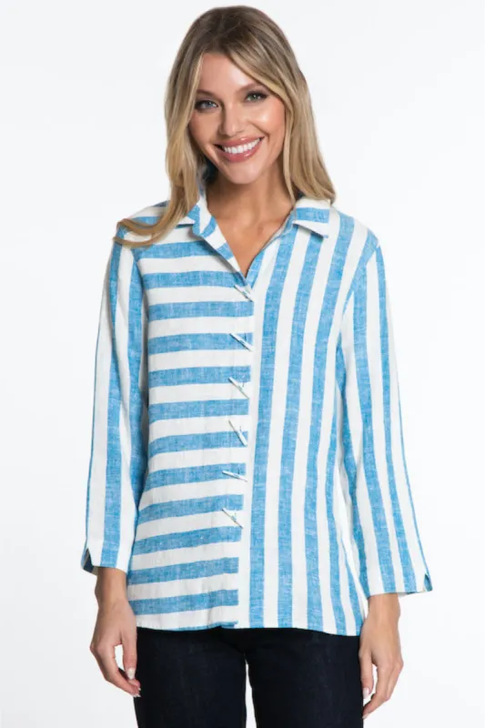 Woven Yarn-Dye Stripe Button Front Tunic- Petite- Turquoise sold by Ail Miles Clothing