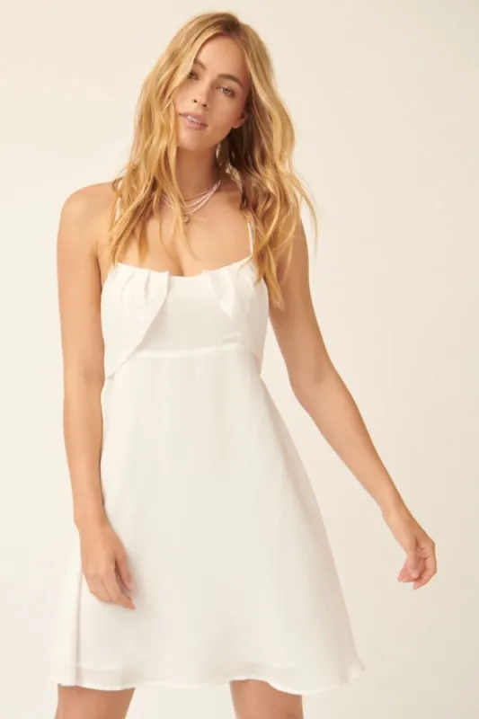 White Solid Woven Square Neck Draped Bodice Mini Dress sold by Pinkblush
