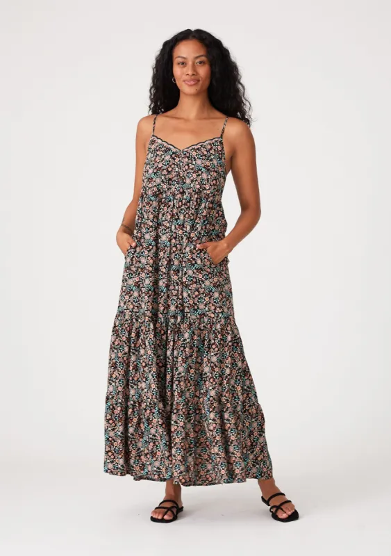 Black Printed Tiered Maxi Dress sold by Pinkblush