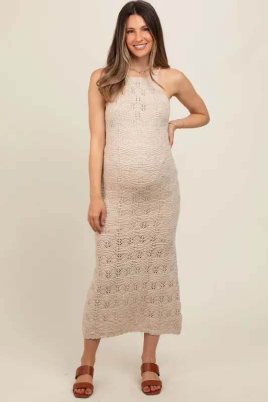Beige Crochet Knit Back Cutout Maternity Maxi Dress sold by Pinkblush