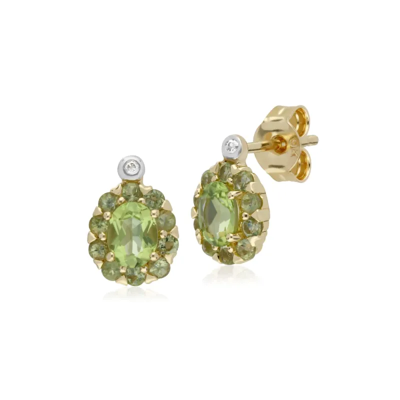 Gemondo 9ct Yellow Gold Peridot & Diamond Oval Cluster Stud Earrings sold by Gemondo Jewellery