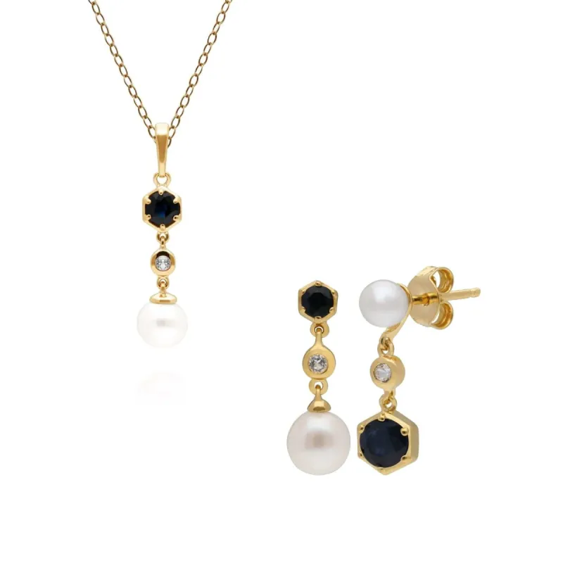 Gold Plated Sterling Silver Modern Pearl, Sapphire & Topaz Earrings & Pendant Set sold by Gemondo Jewellery