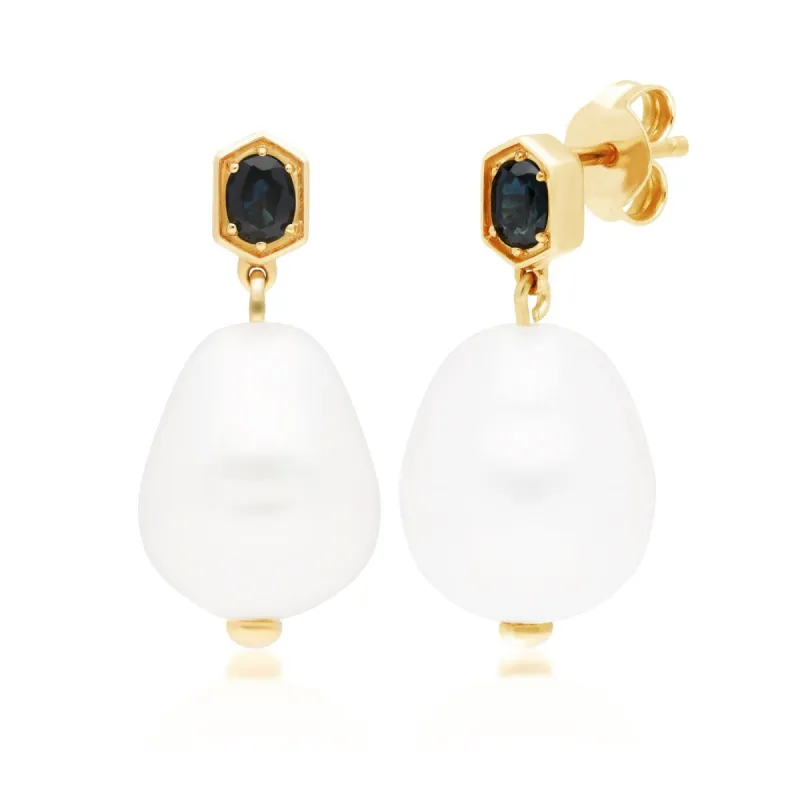 Modern Baroque Pearl & Sapphire Drop Earrings in Gold Plated Silver sold by Gemondo Jewellery