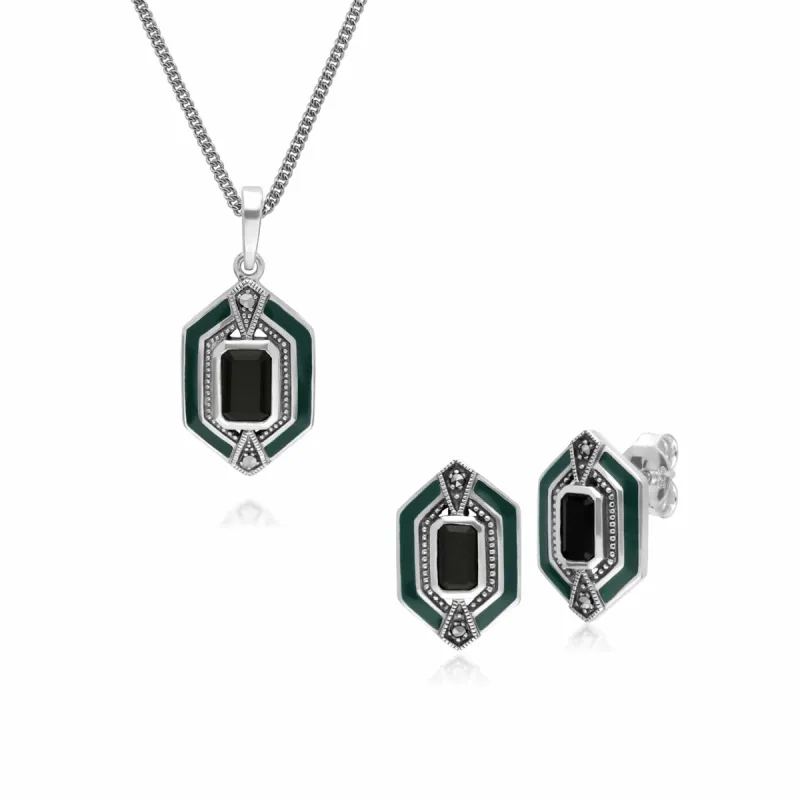 Art Deco Style Black Onyx, Marcasite & Green Enamel Hexagon Stud Earrings & Pendant Set in 925 Sterling Silver sold by Gemondo Jewellery