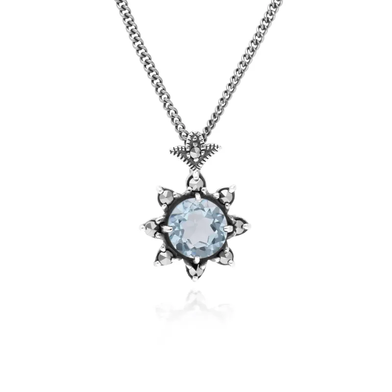 Floral Round Blue Topaz & Marcasite Pendant in 925 Sterling Silver sold by Gemondo Jewellery