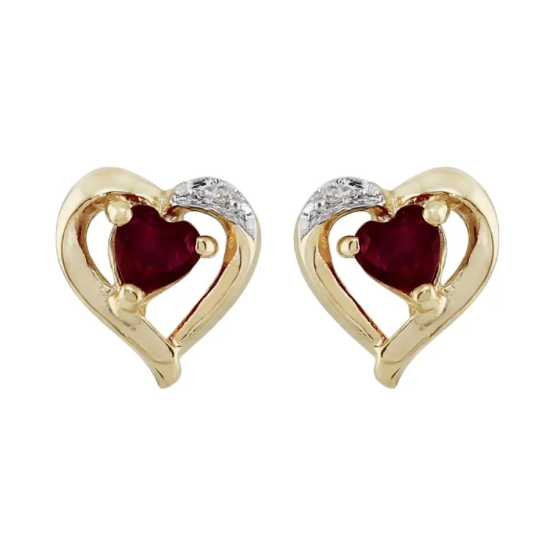 Classic Heart Garnet & Diamond Stud Earrings in 9ct Yellow Gold sold by Gemondo Jewellery