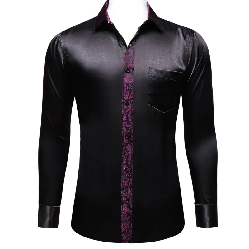 Barry. Wang Black Shirt with Purple Paisley Cuff Long Sleeve Men Shirt sold by Barrywang