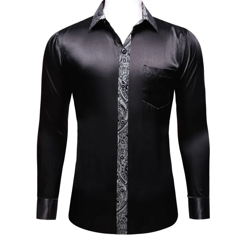 Barry. Wang Black Shirt with Silver Paisley Cuff Long Sleeve Men Shirt sold by Barrywang