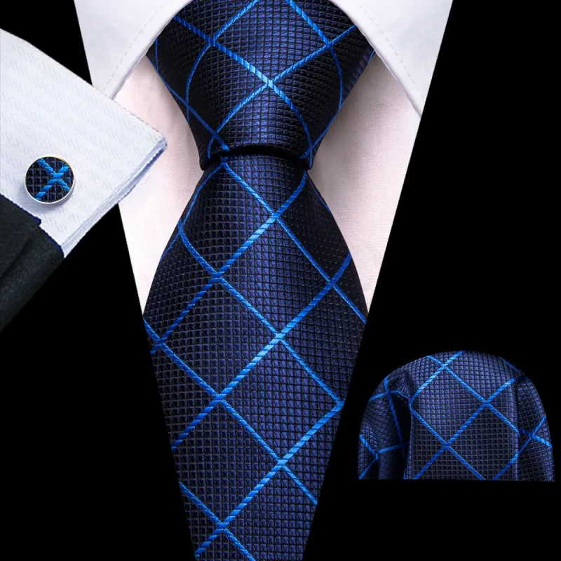 Barry. Wang Dark Blue Tie Light Blue Lines Checkered Necktie Set for Men sold by Barrywang