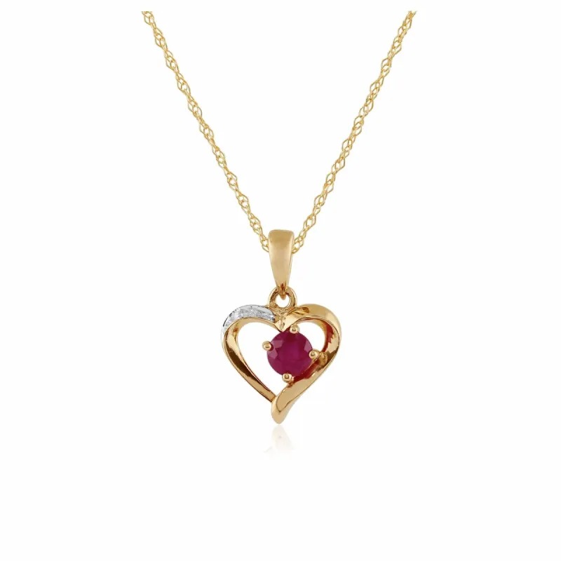 Classic Round Ruby & Diamond Heart Pendant in 9ct Yellow Gold sold by Gemondo Jewellery