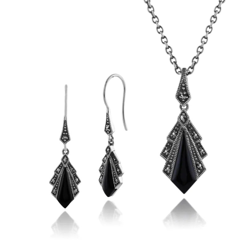 Art Deco Style Style Black Onyx & Marcasite Fan Drop Earrings & Pendant Set in 925 Sterling Silver sold by Gemondo Jewellery