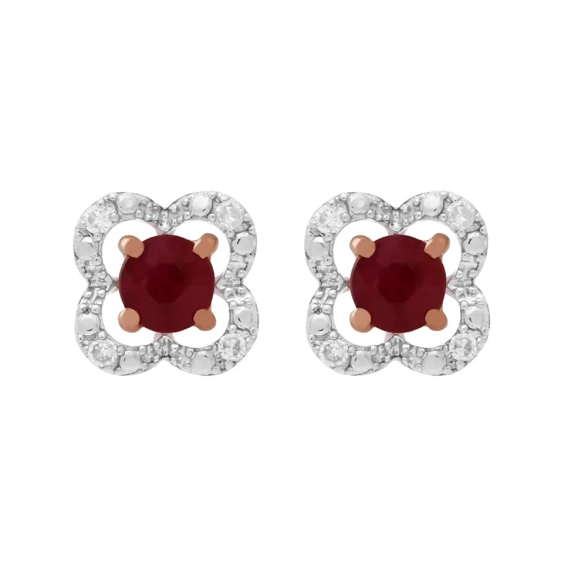 Classic Round Ruby Stud Earrings with Detachable Diamond Flower Jacket in 9ct Rose Gold sold by Gemondo Jewellery